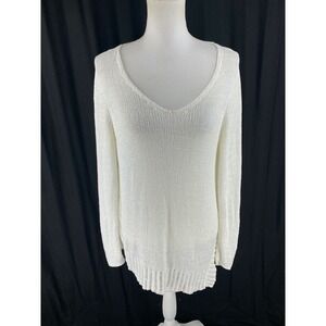 Eileen Fisher Womens S Open Knit Pullover V-Neck Sweater Asymmetric‎ Hem Ivory